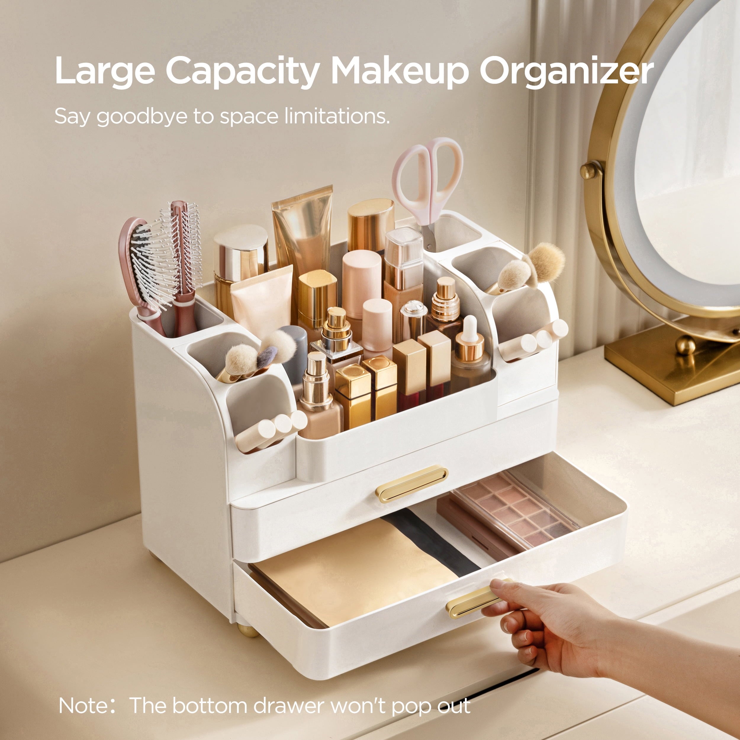 HBlife Makeup Organizer for Vanity with Brush Holder, Large Bathroom Countertop Cosmetic Organizer, All White - Image 5