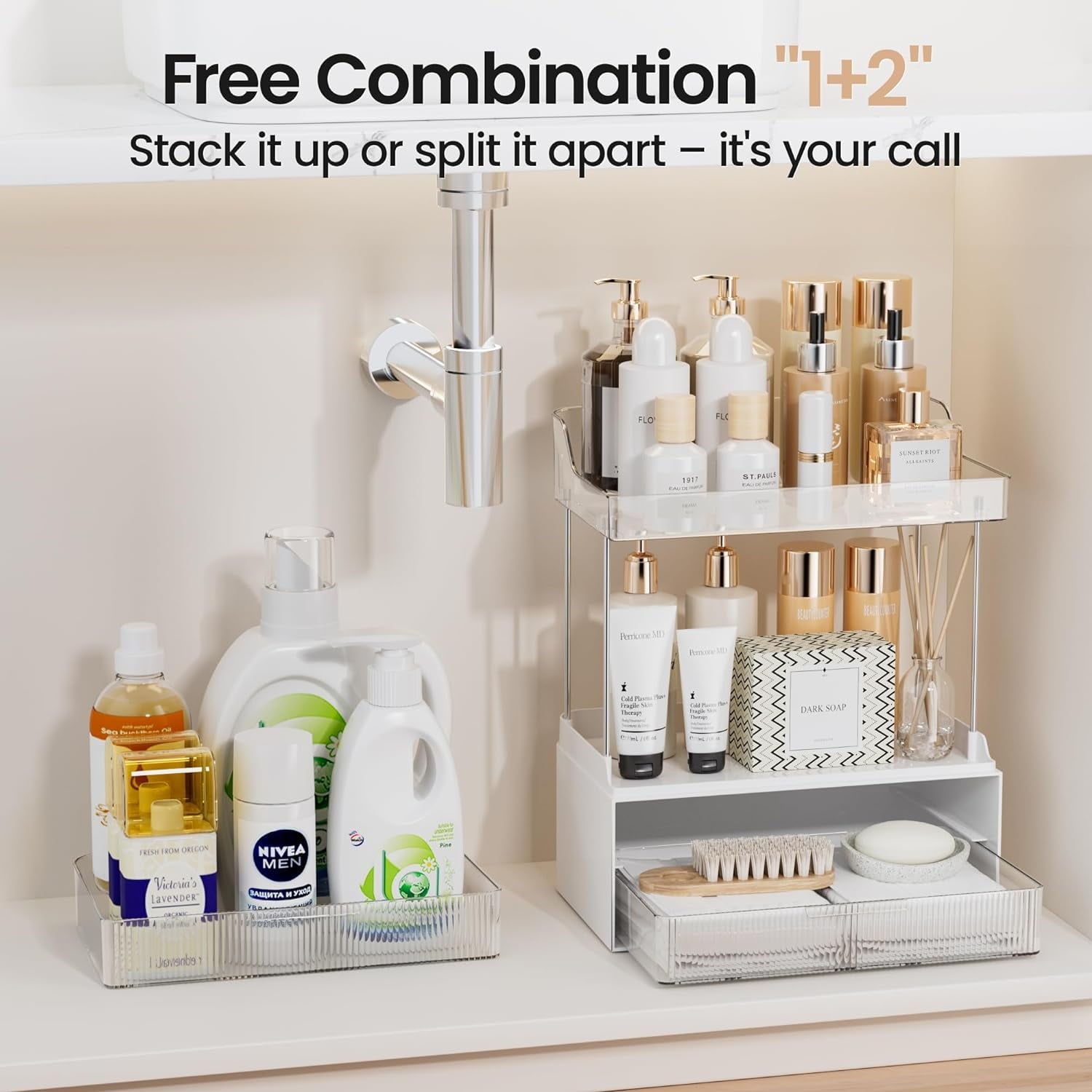 2-tier Vanity Organizer, Delamu Bathroom Countertop Organizer 2 Drawers, Multi-Purpose Makeup Organizer Countertop Cosmetics, Clear - Image 6