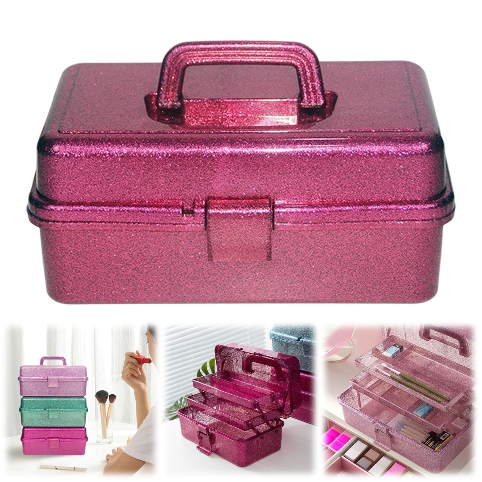 Makeup Organizer with Handle, Stackable Glitter Cosmetic Storage Box, Portable Foldable Beauty Case for Makeup Brushe... - Image 2