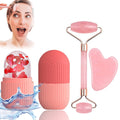 3pcs Cube Mold + Jade Roller & GuaSha Set, Reusable Silicone Cold Therapy Skin Care Tools, Roller Msagger for Neck Ey...