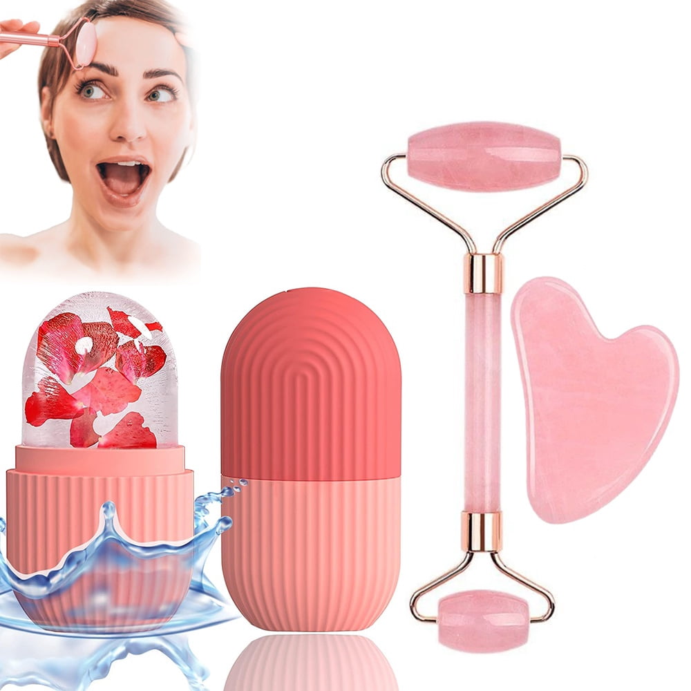 3pcs Cube Mold + Jade Roller & GuaSha Set, Reusable Silicone Cold Therapy Skin Care Tools, Roller Msagger for Neck Ey...