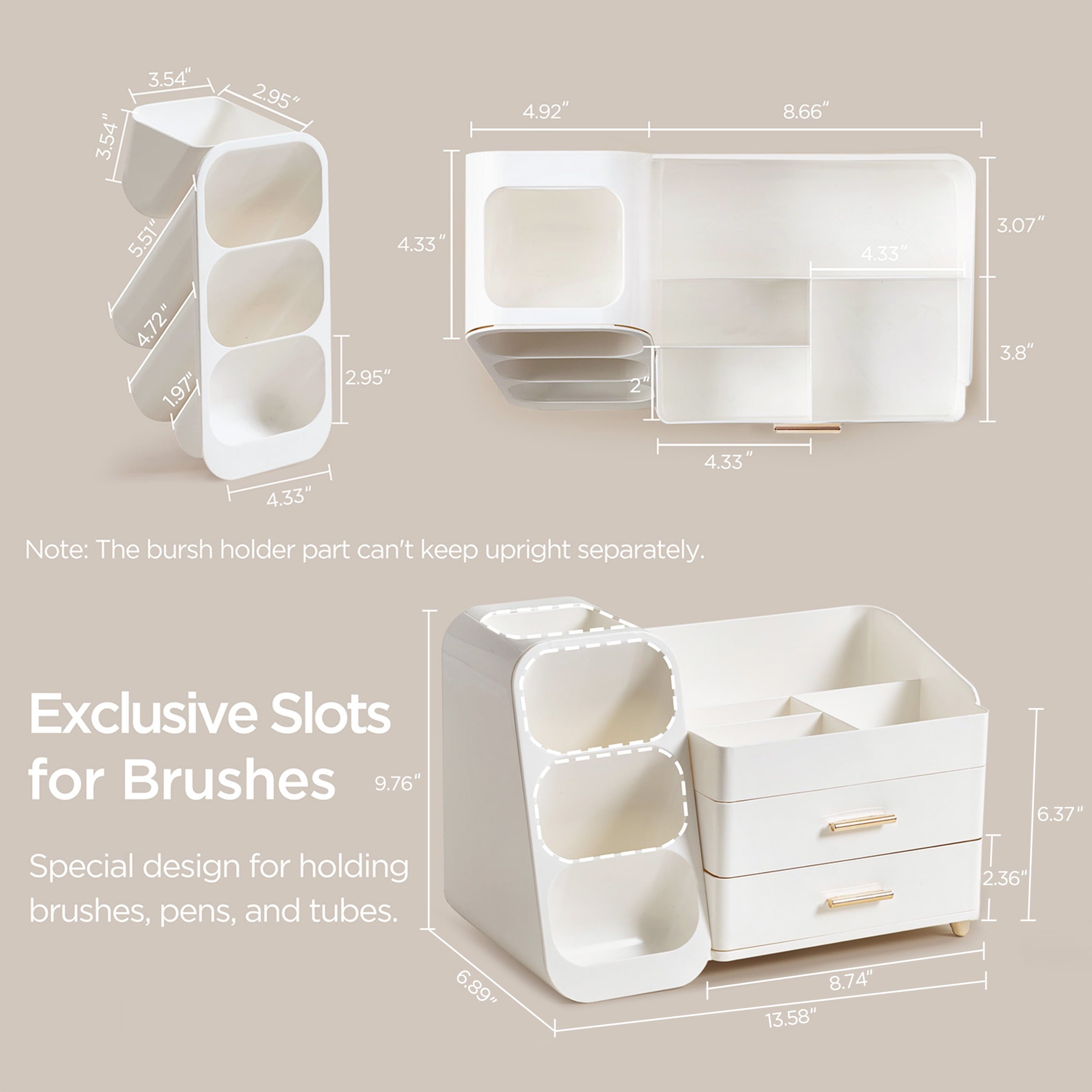 Makeup Organizer with Brush Holder for Vanity, Large Plastic Bathroom Countertop Organizer Skin Care Storage, All White - Image 6