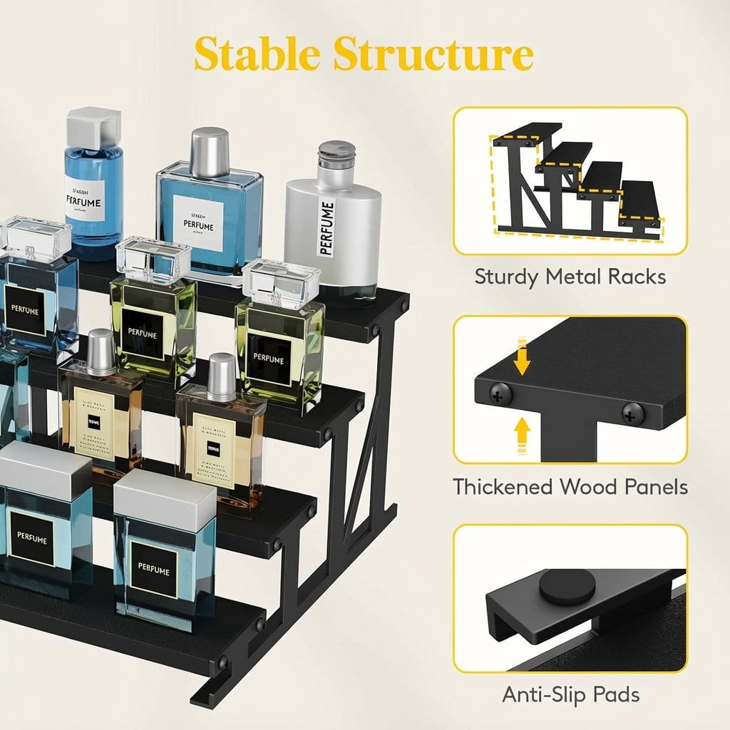 Norcho 9.8 Inch 4-Tier Wooden Cologne Organizer for Men, Perfume and Skincare Display Shelf, Black, 1-Pack - Image 6