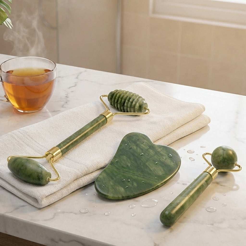 Jade Roller and Gua Sha Set of 3,3 in 1 Face Ice Jade Roller and Gua Sha Tool, Natural Jade Anti-Wrinkle Face Eye Neck Massager Tool, Reduce - Image 5