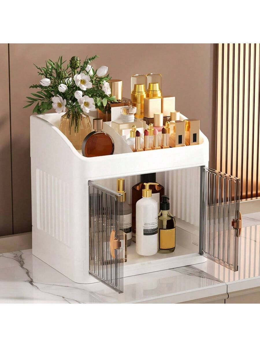 1pc Storage Box, Foldable & Sliding Door Design, Clear Cover Cosmetic Display Cabinet, Large Capacity Skincare & Cosm... - Image 3