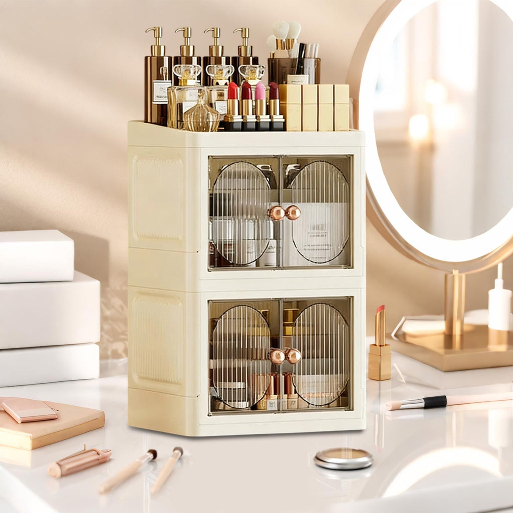 Foldable Double Door Storage Cabinet - Desktop Double Layer Organizer for Skincare Cosmetics and Stationery - Image 5