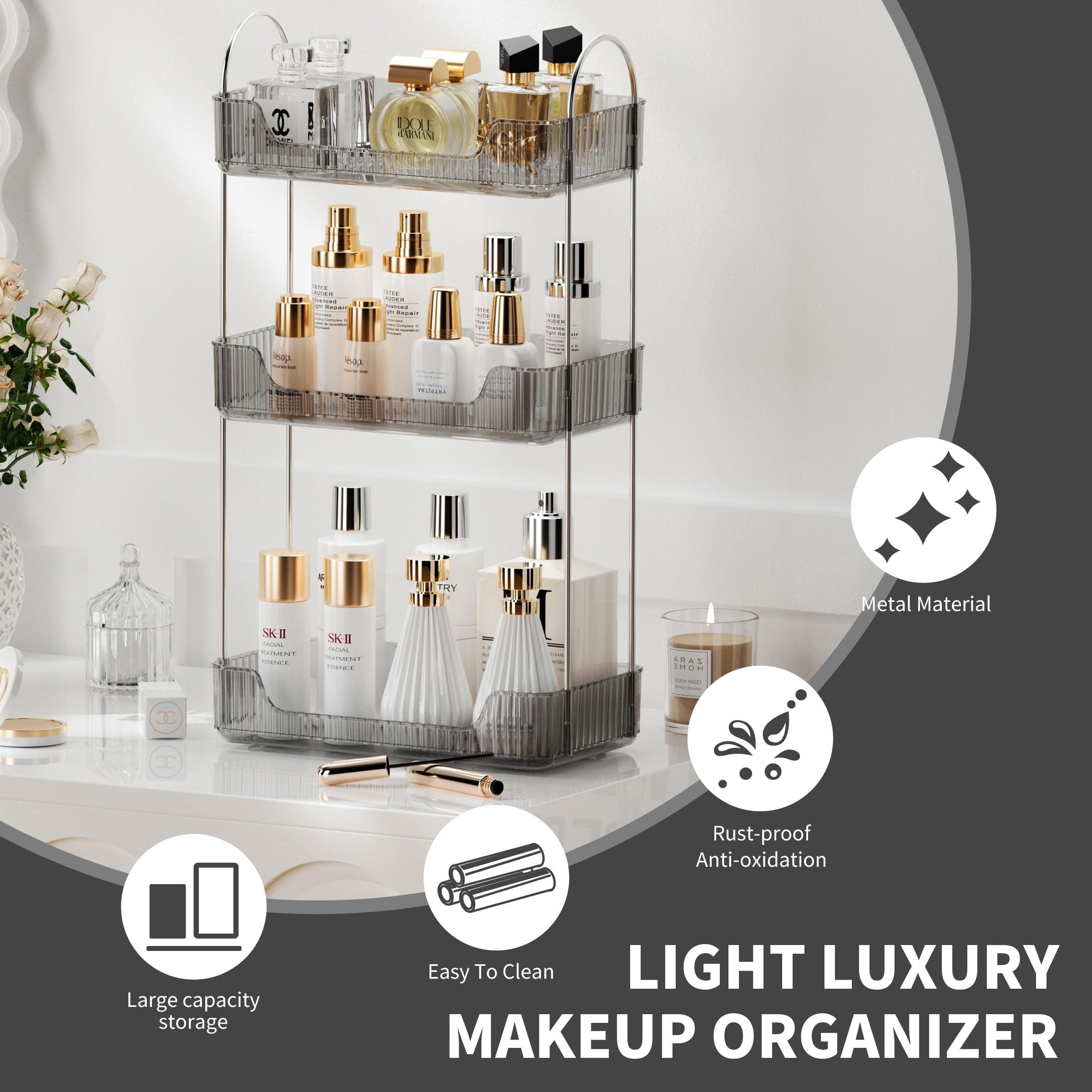 3 Tier Bathroom Organizer Countertop Makeup Perfume Tray Skincare Organizer for Bathroom Dresser Vanity (Grey) - Image 2