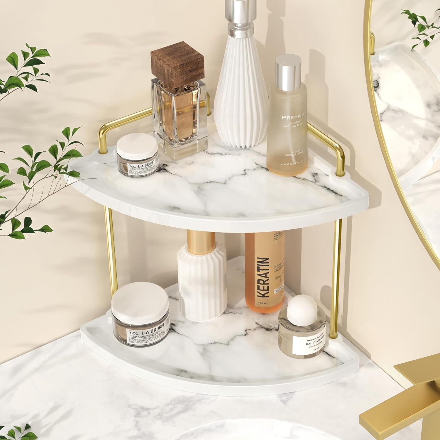 Marble Pattern Bathroom Corner Countertop Organizer, 2-Tier Ceramic Corner Counter Shelf, Vanity Skincare Perfume Org... - Image 5