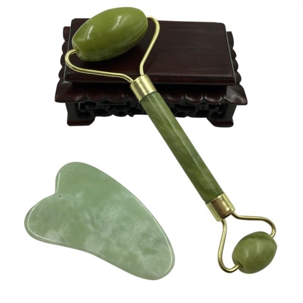 2 in 1 Natural Facial Massager Double Head Facial Roller for Face Care and Gua Sha Massage Tool Anti-aging  Jade Set - Image 4