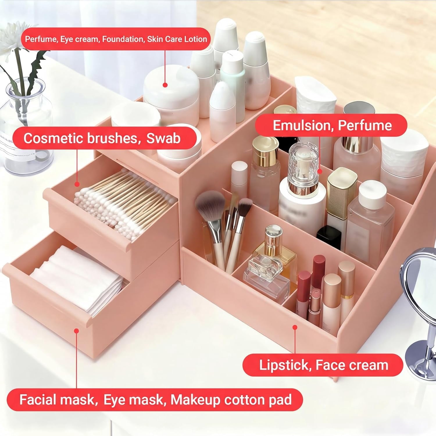 Pink Makeup Organizer with Drawers, Large Capacity Cosmetic Storage for Vanity or Bathroom Countertop, Multi-Compartm... - Image 2