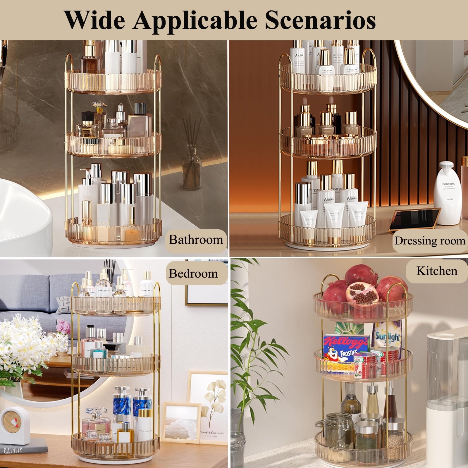 Kisportee Makeup Organizer for Vanity, 3 Tier 360° Rotating Make Up Storage Perfume Organizers for Bathroom Counter, Clear Cosmetic Dresser - Image 6