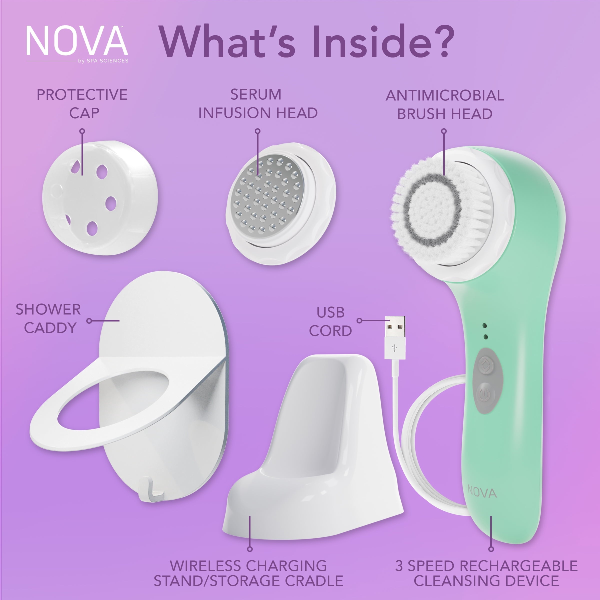 Spa Sciences NOVA Facial Cleansing Brush, Sonic Facial Cleansing for Exfoliation, Includes Antimicrobial Brush, Sensitive Skin Brush, and Se - Image 5