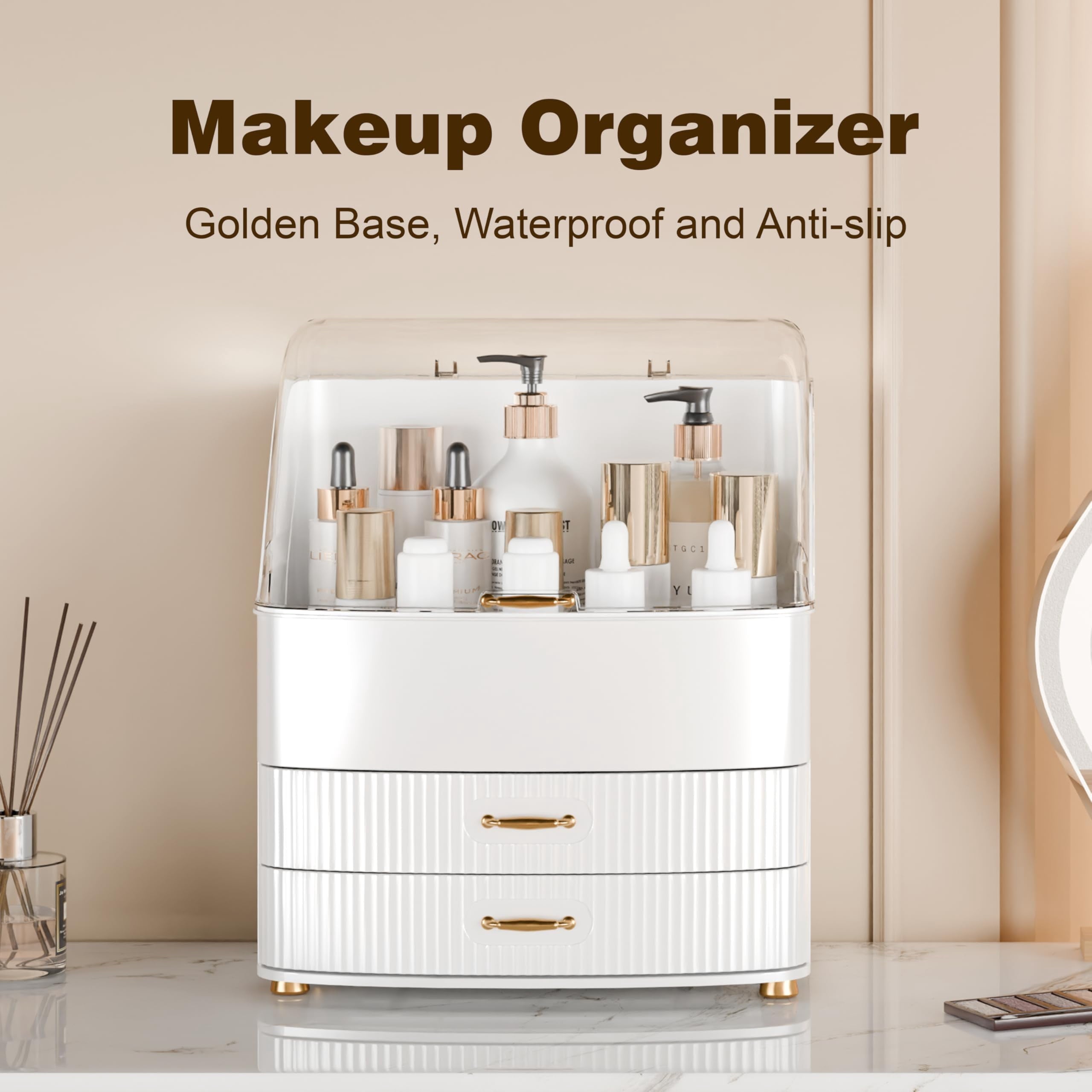 Large Makeup Organizer with Dustproof Transparent Lid, Waterproof Cosmetic Storage Case with Drawers for Bathroom Van... - Image 3