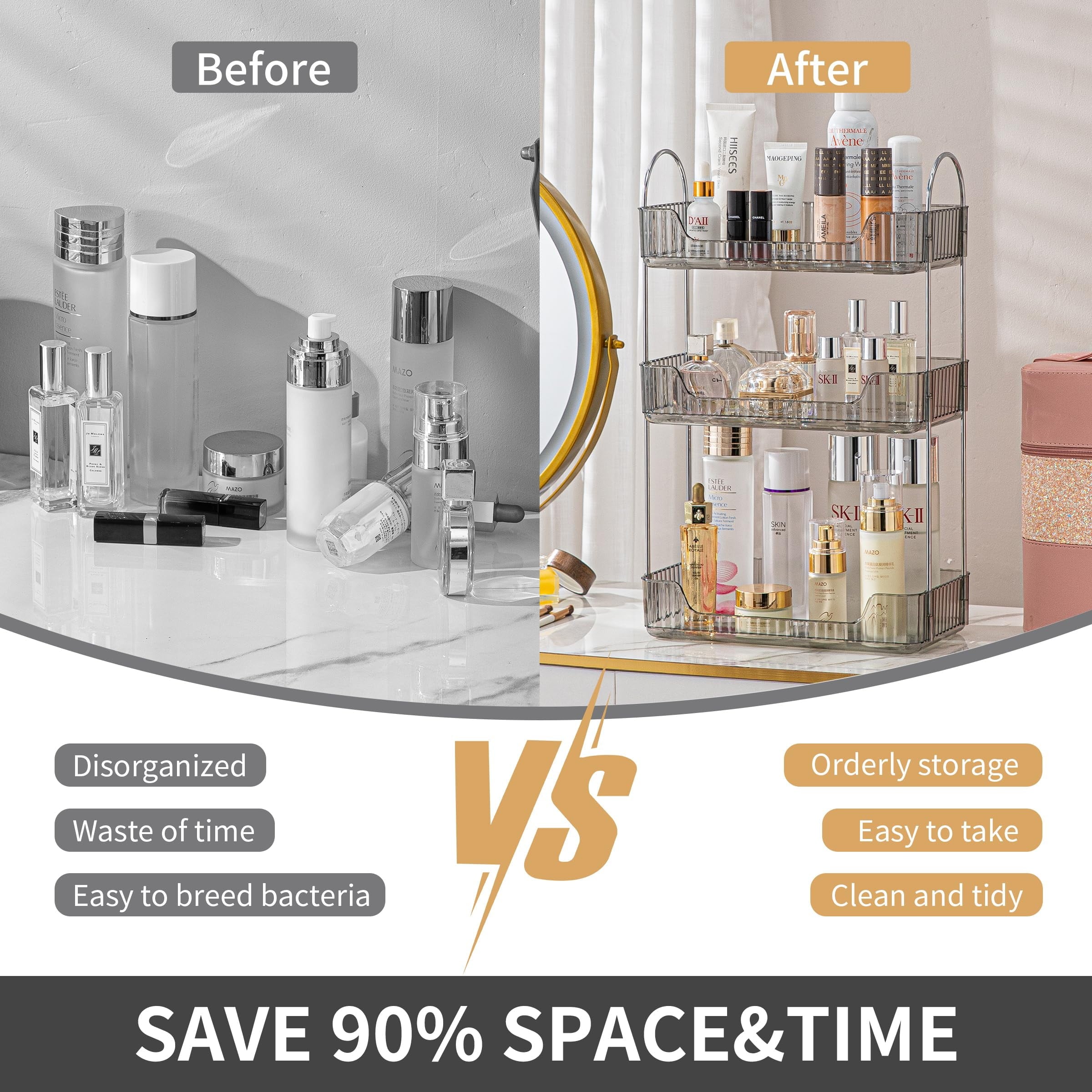 3 Tier Bathroom Organizer Countertop Makeup Perfume Tray Skincare Organizer for Bathroom Dresser Vanity (Grey) - Image 3