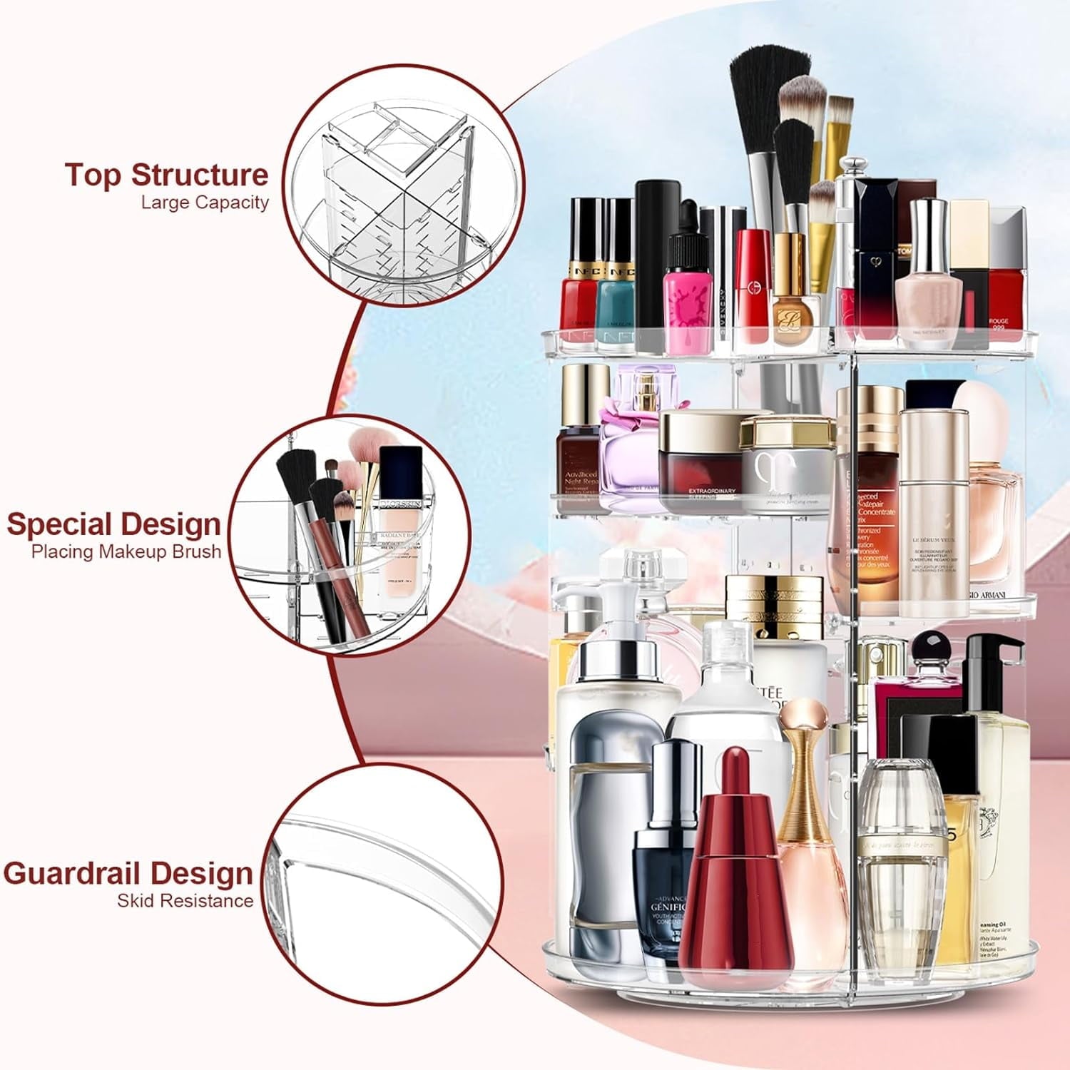 Rotating Makeup Organizer, Cosmetic Display Case with Brush Holder, DIY 8 Adjustable Layers Spinning Skincare Organizer - Image 5