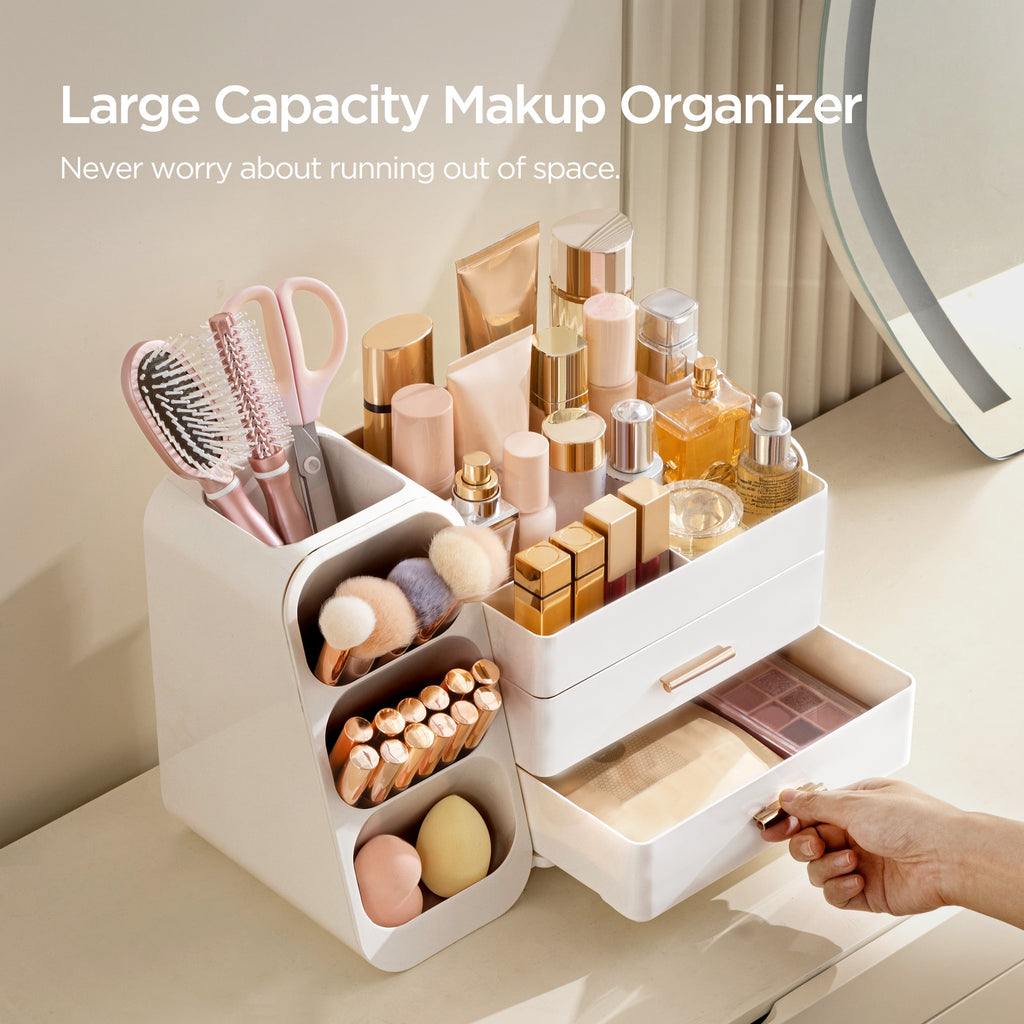 Makeup Organizer with Brush Holder for Vanity, Large Plastic Bathroom Countertop Organizer Skin Care Storage, All White - Image 2