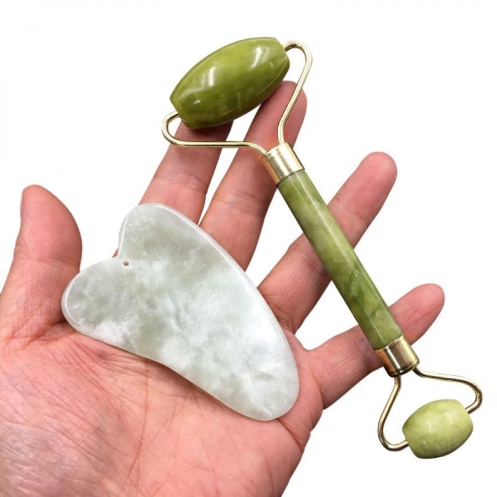 2 in 1 Natural Facial Massager Double Head Facial Roller for Face Care and Gua Sha Massage Tool Anti-aging  Jade Set - Image 3
