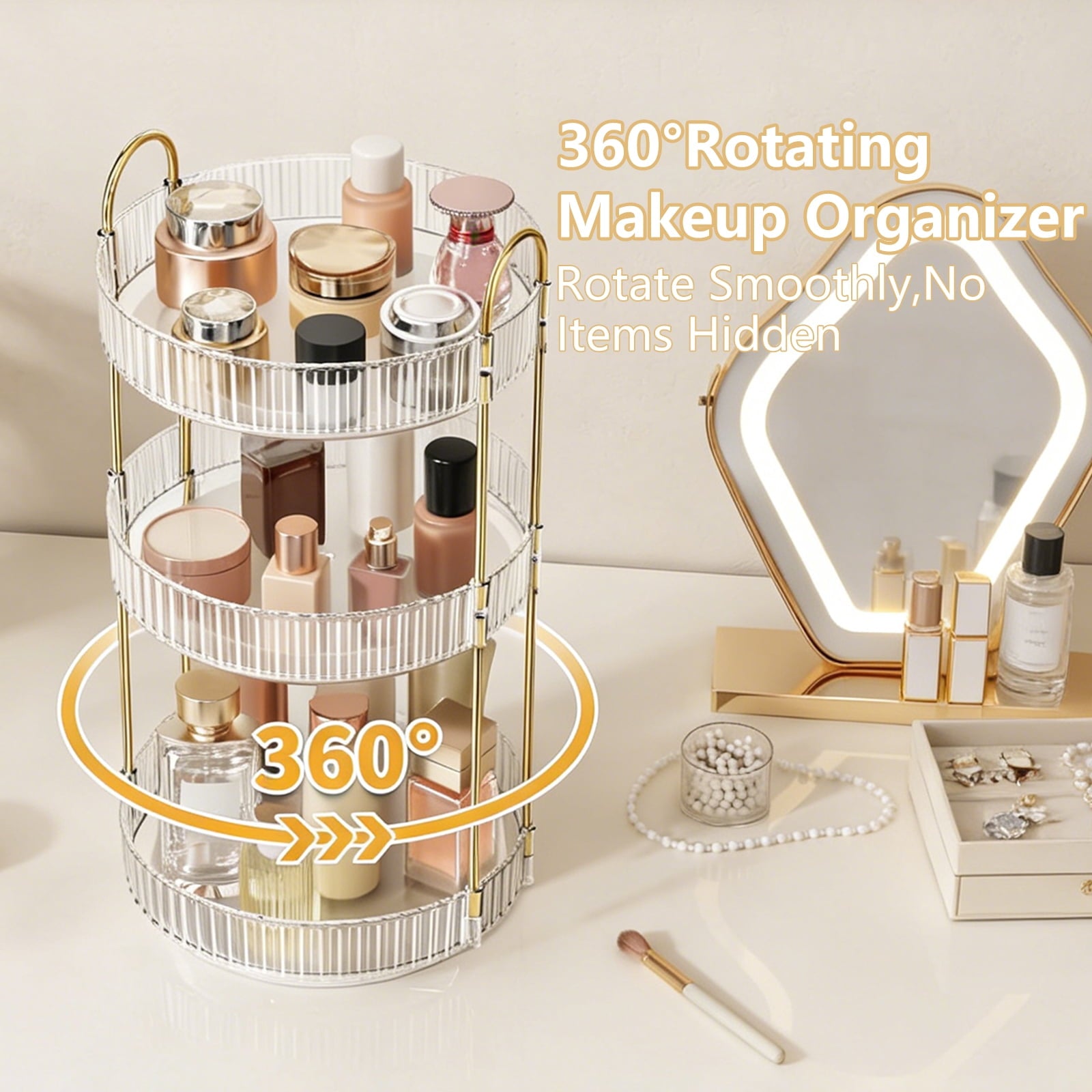 Asnews 360° Rotating Makeup Organizer, 3 Tier Adjustable Perfume Organizer for Dresser, Multi-Function Spinning Cosmetics Skincare Storage f - Image 4