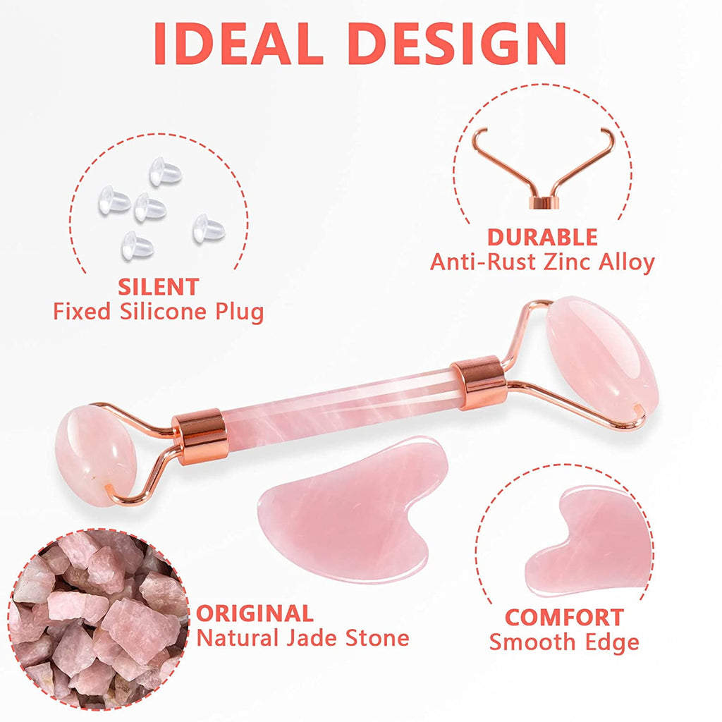Jade Roller & Gua Sha, Facial Beauty Roller sets, Rose Quartz Massager for Face, Eyes, Neck, Relieve Fine Lines,Wrink... - Image 2