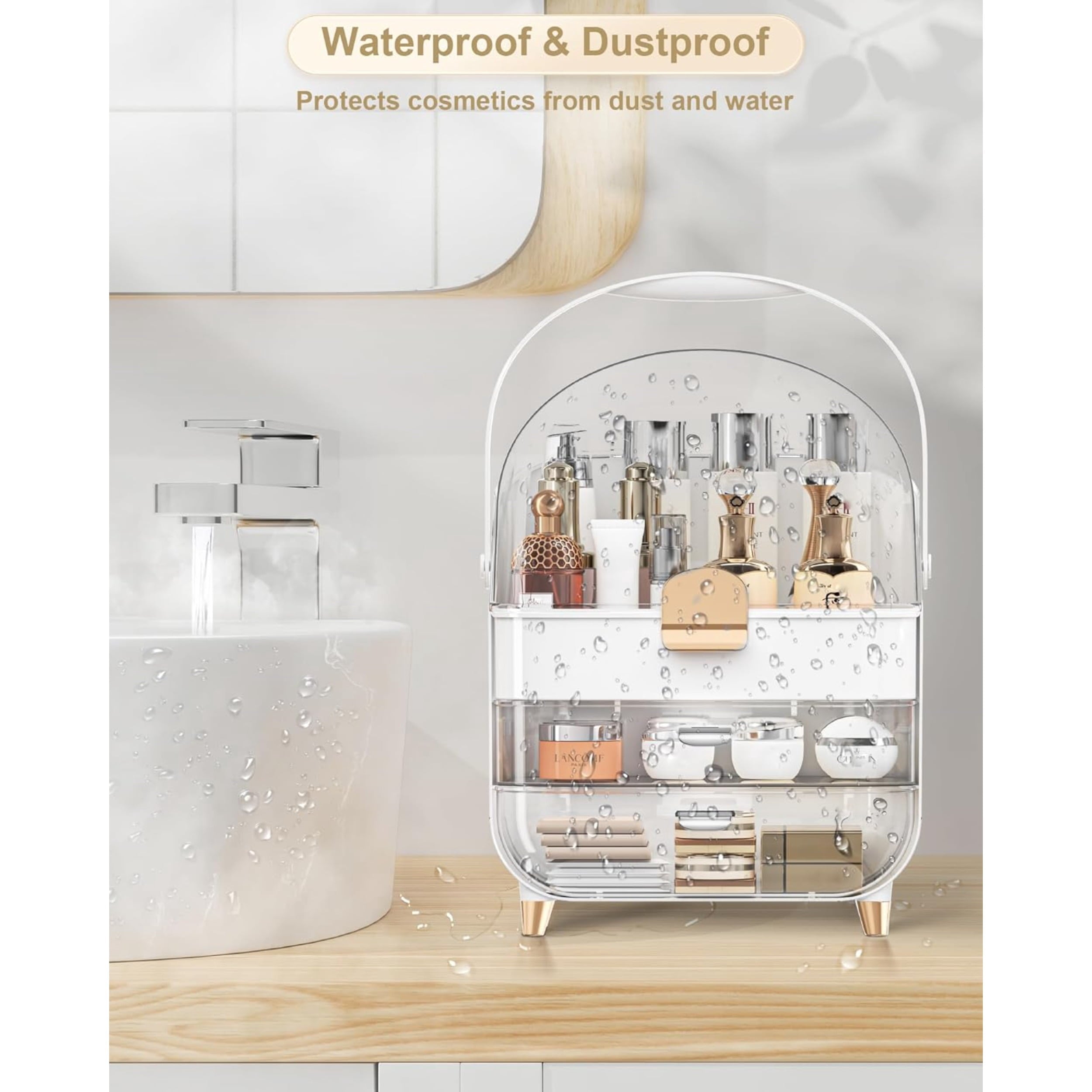 Acrylic Waterproof Makeup Organizer with 3 Compartments, Best mom gift makeup storage, Gold - Image 6