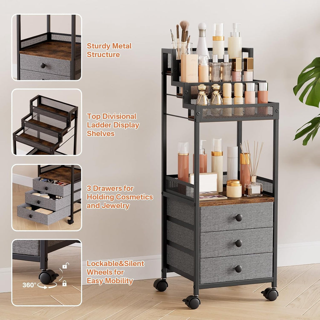 Display Riser Stand Perfume Cologne Organizer, Rolling Makeup Storage Cart with Fabric Drawers, Floor Vanity Cosmetic... - Image 5