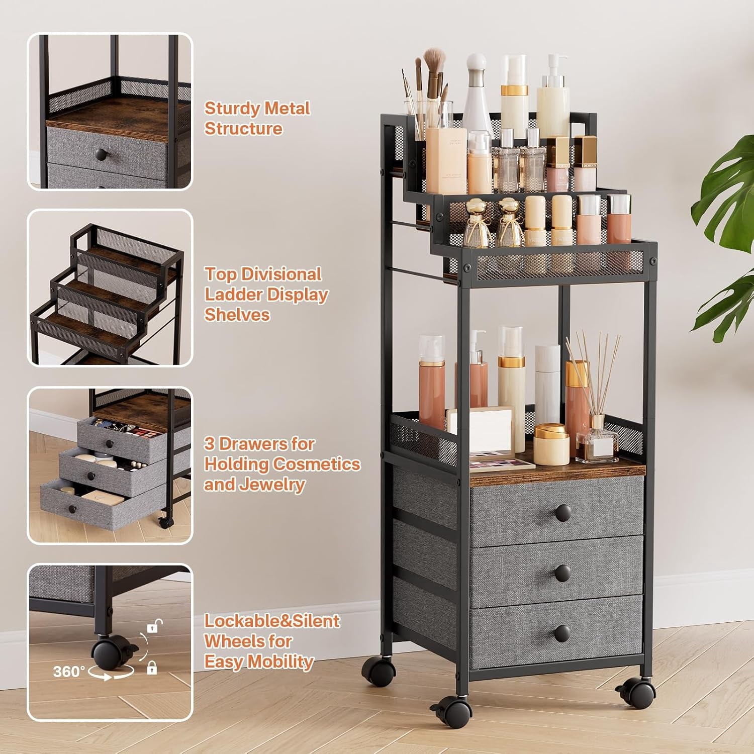 Display Riser Stand Perfume Cologne Organizer, Rolling Makeup Storage Cart with Fabric Drawers, Floor Vanity Cosmetic... - Image 5