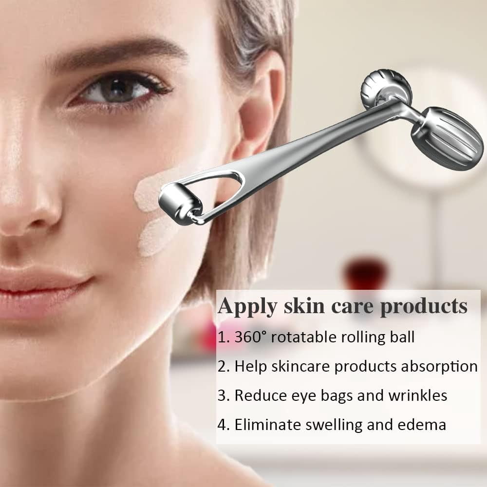 Face Massager,Face Roller and Gua Sha Set Stainless Steel Facial Roller Metal Spa Roller Massage Tools Set for Face E... - Image 4