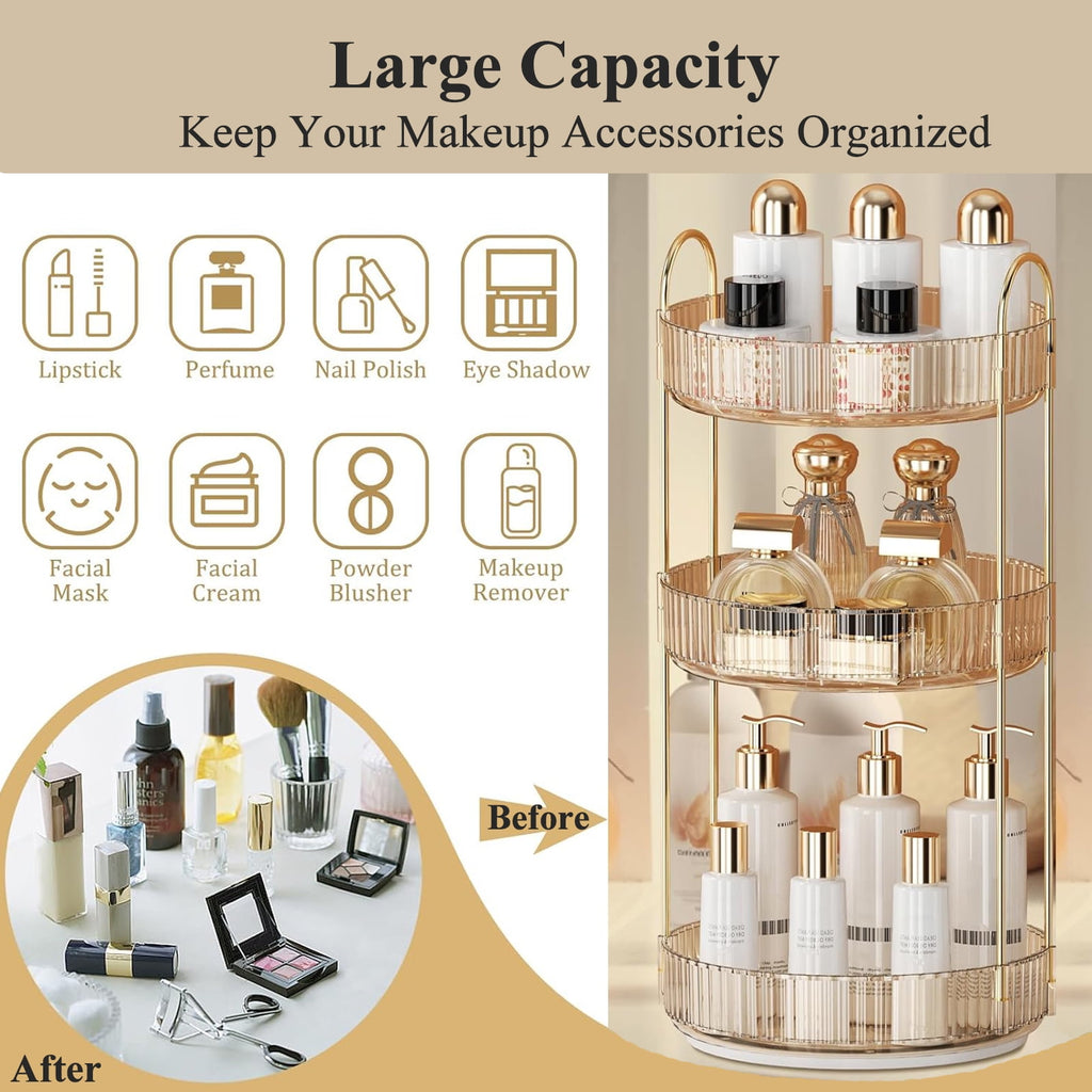Kisportee Makeup Organizer for Vanity, 3 Tier 360° Rotating Make Up Storage Perfume Organizers for Bathroom Counter, Clear Cosmetic Dresser - Image 4