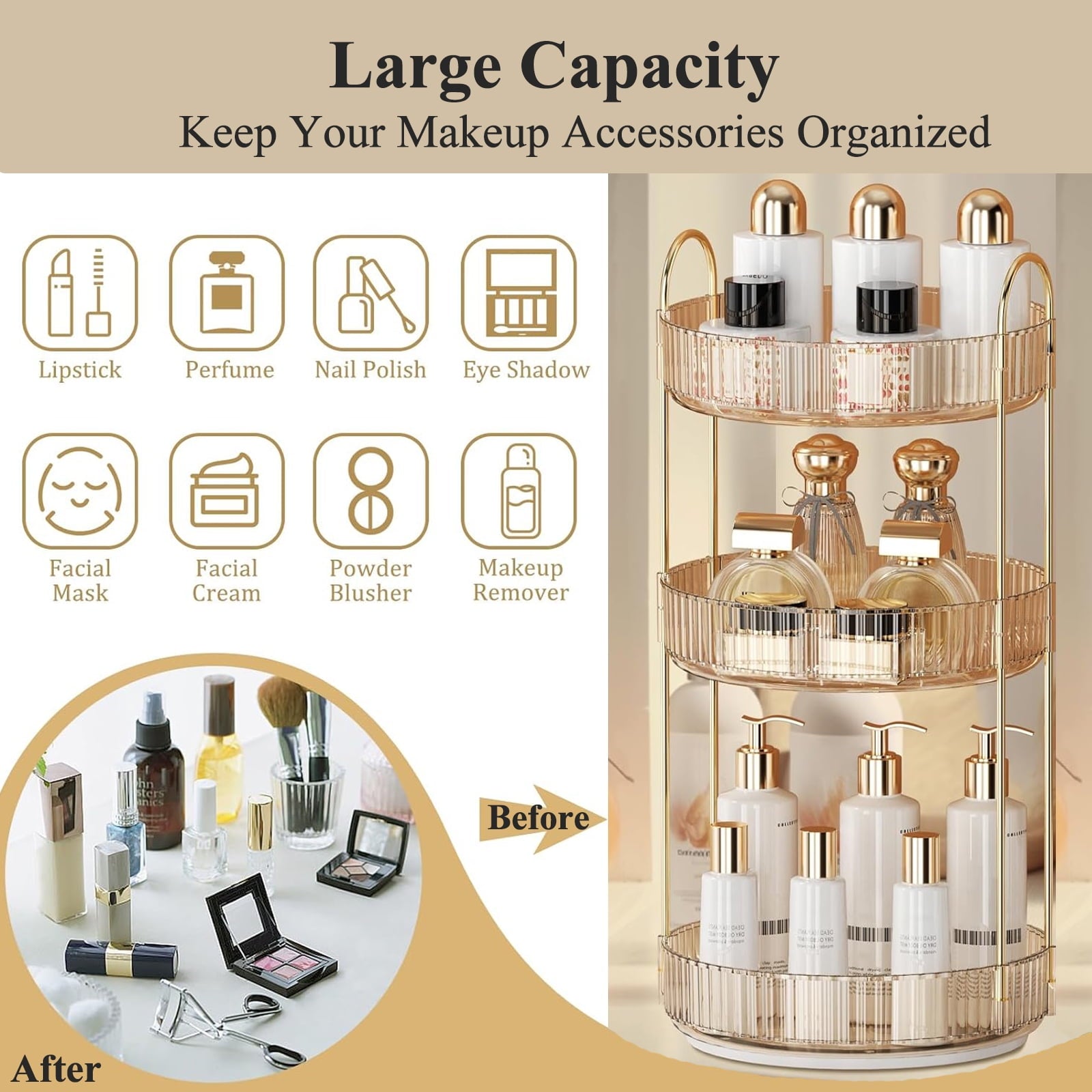 Kisportee Makeup Organizer for Vanity, 3 Tier 360° Rotating Make Up Storage Perfume Organizers for Bathroom Counter, Clear Cosmetic Dresser - Image 4