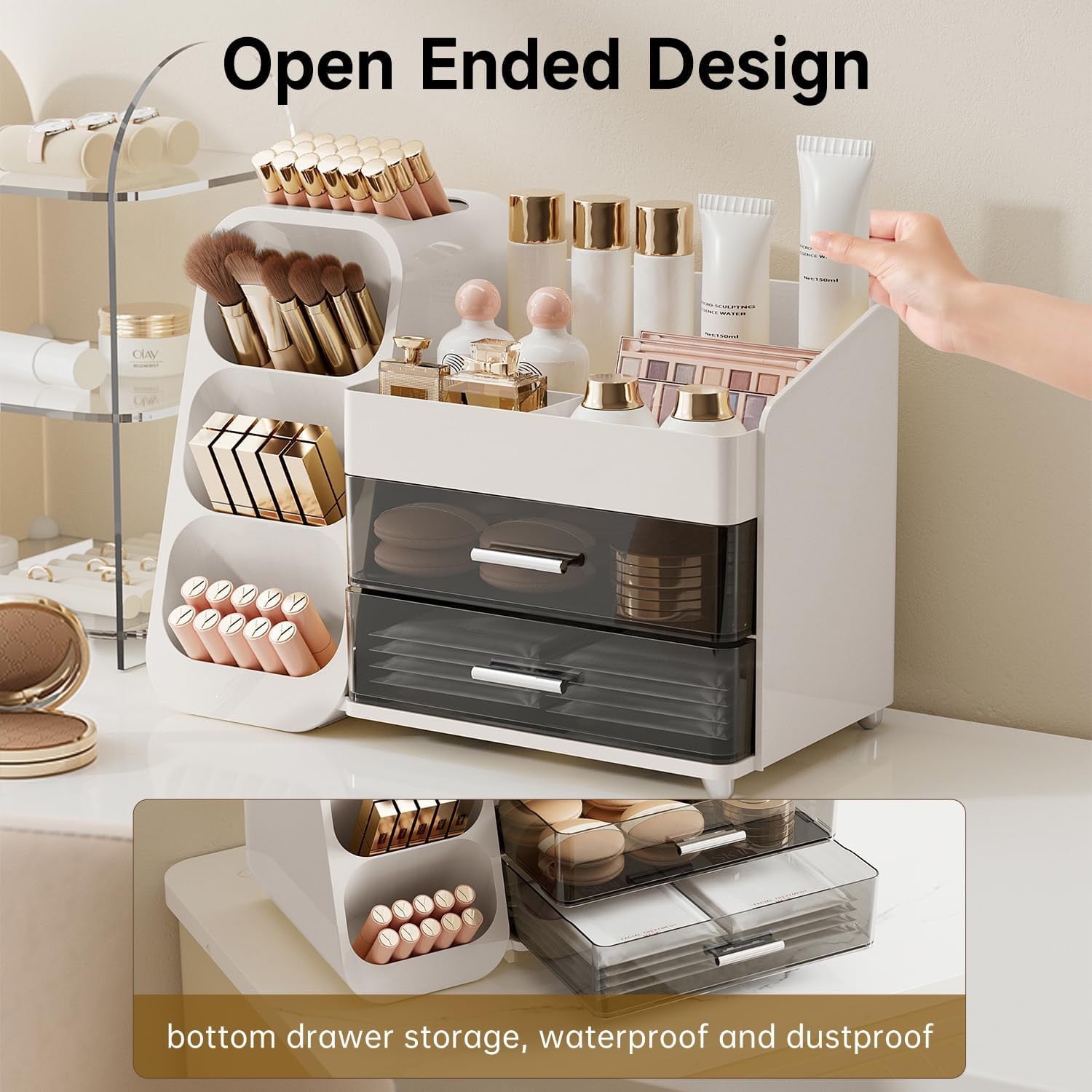 Makeup Organizer with Brush Holder, Countertop Organizer with 2 Drawers for Beauty Essential, Skincare, Lipstick - Image 3