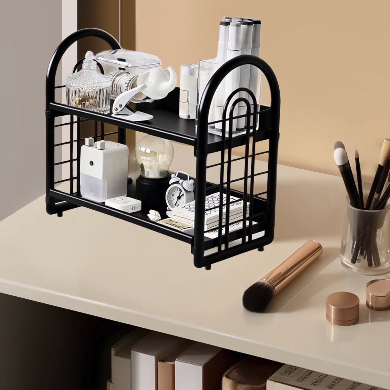 Qiweii Desktop Rack Cosmetic Stationery Storage Holder,2-Tier Multifunctional Plastic Shelf Makeup Organizer for Skincare Office Kitchen Bed - Image 5
