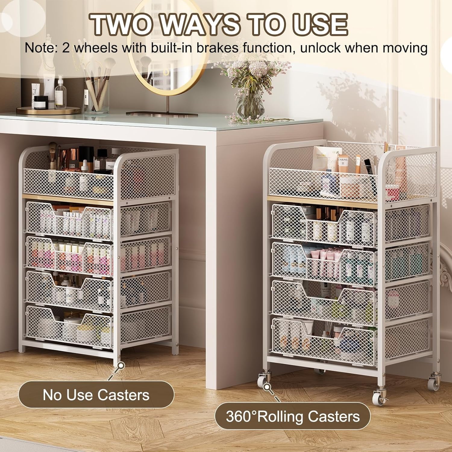 Rolling Makeup Cart Organizer with 4 Drawers, Floor Skincare Organizers with Wheels, Cosmetics Display Cases, Storage... - Image 3