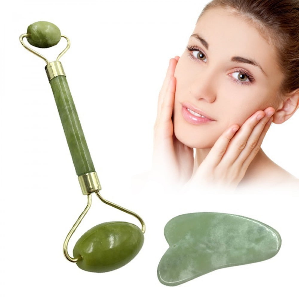 2 in 1 Natural Facial Massager Double Head Facial Roller for Face Care and Gua Sha Massage Tool Anti-aging  Jade Set - Image 2