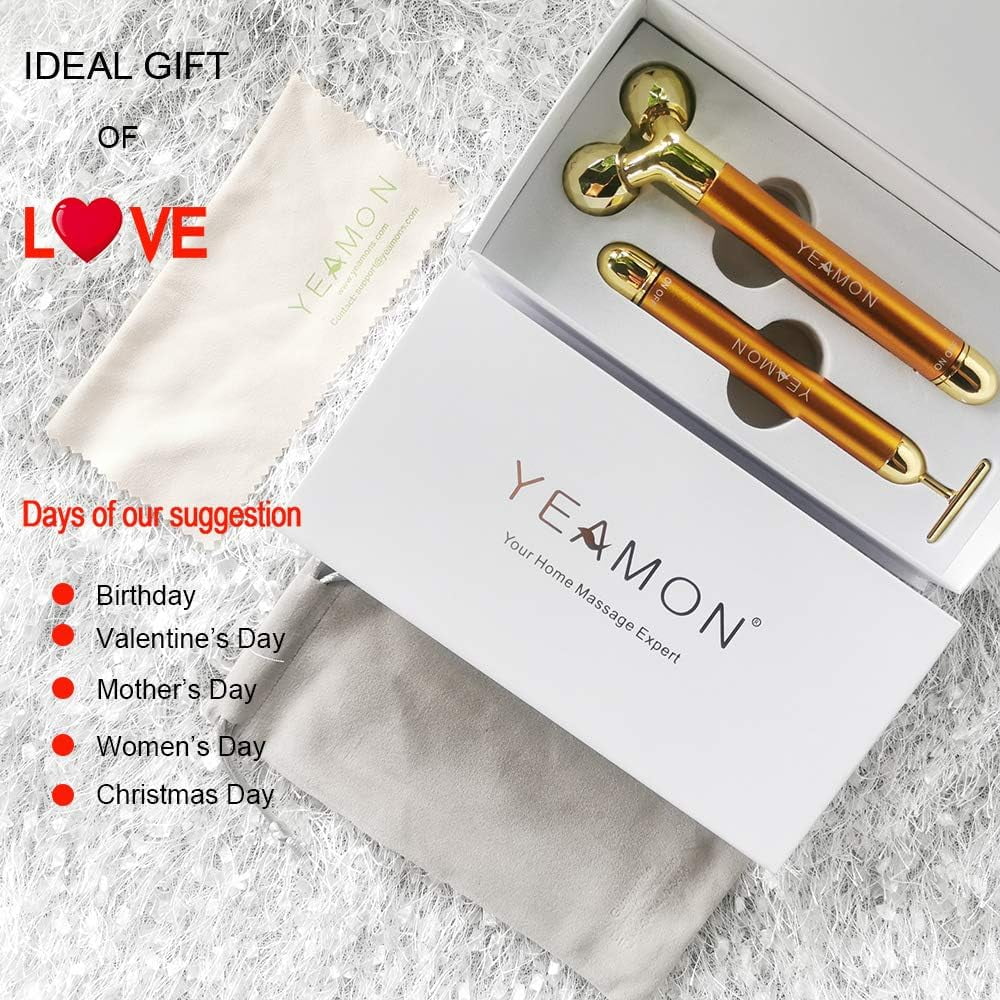 Yeamon 2-in-1 Electric Face Massage 24k Golden Facial Massager Device, 3D Roller and T Shape Facial Roller Massager Kit Metal Skin Care Tool - Image 6