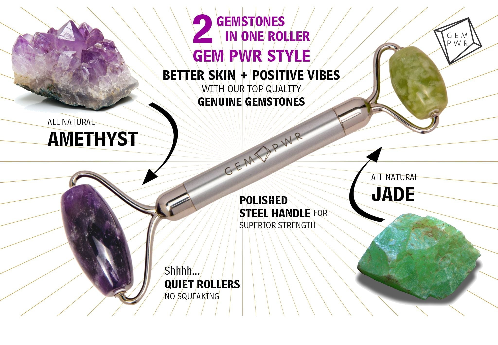 Amethyst + Jade Face Roller, Dual Head 2-in-1 with Travel Bag and Durable Steel Handle - Image 2