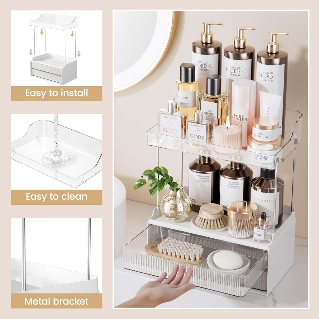 2-tier Vanity Organizer, Delamu Bathroom Countertop Organizer 2 Drawers, Multi-Purpose Makeup Organizer Countertop Cosmetics, Clear - Image 5