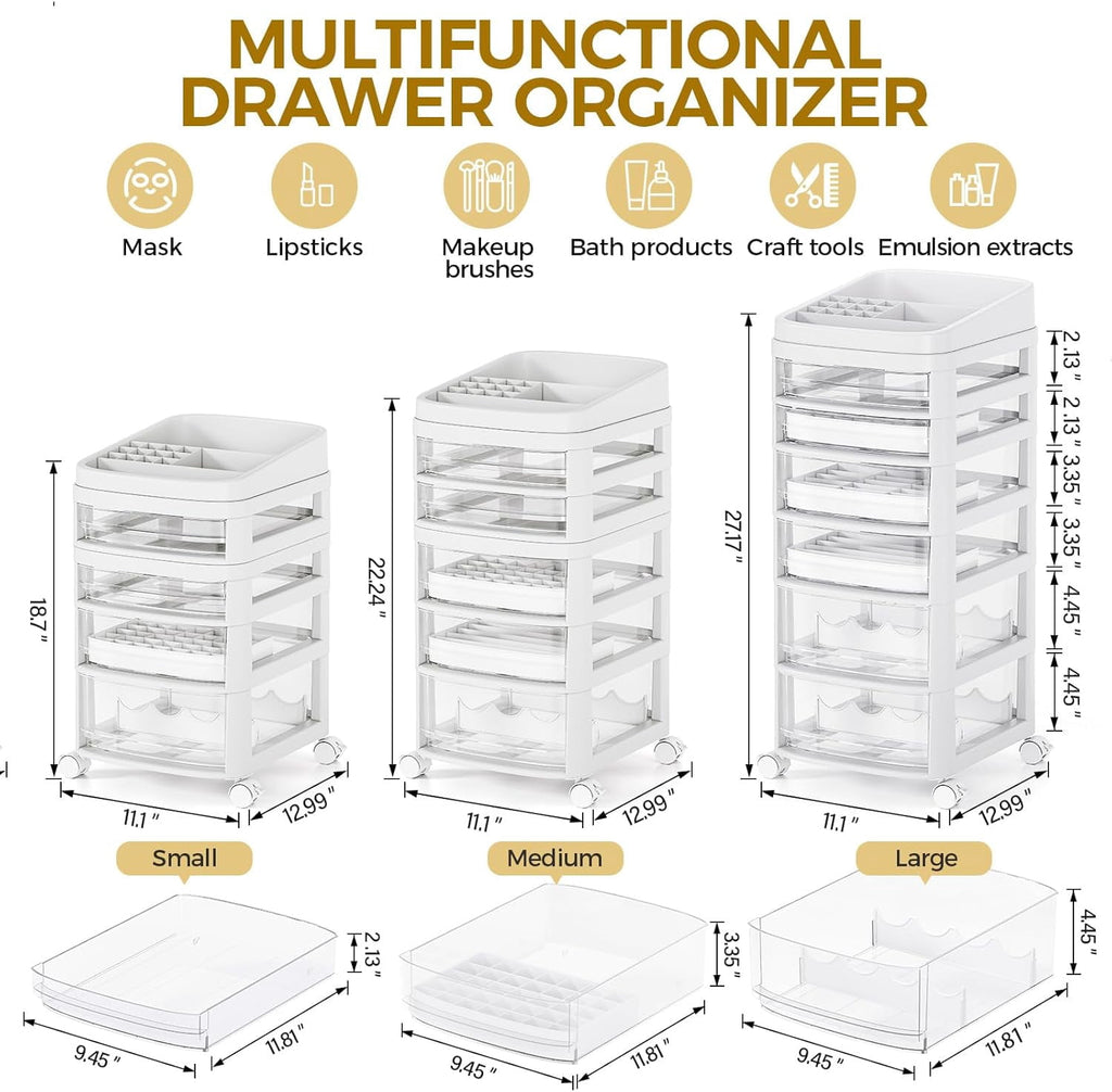 Rolling Cart with 6 Drawers, Clear Plastic Drawer Organizers, Dust Proof Under Desk Storage for Makeup, Skincare, Art... - Image 3