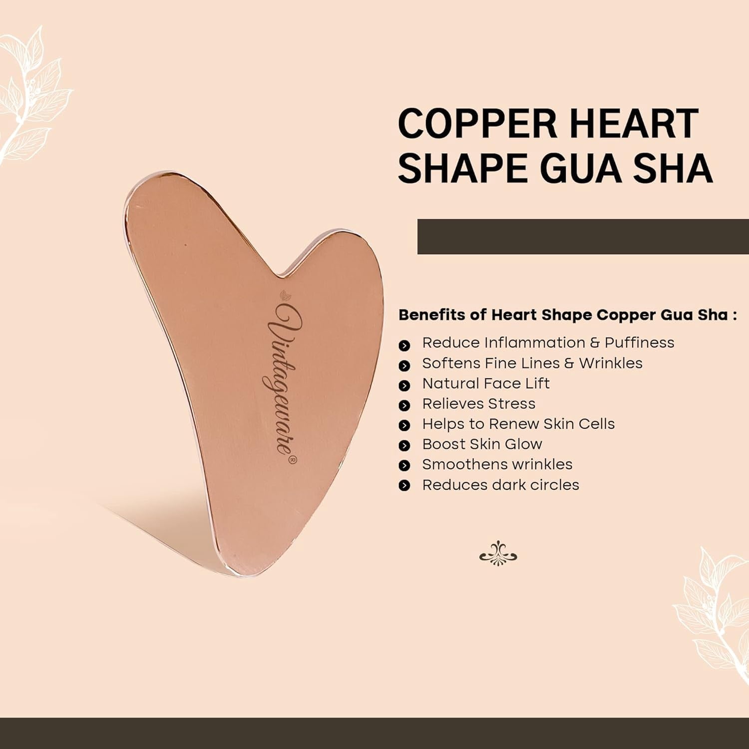 Vintageware Heart-Shaped Copper Gua Sha Facial Massage Tool, Reduces Puffiness & Tightens Skin, for Face & Body - Image 4