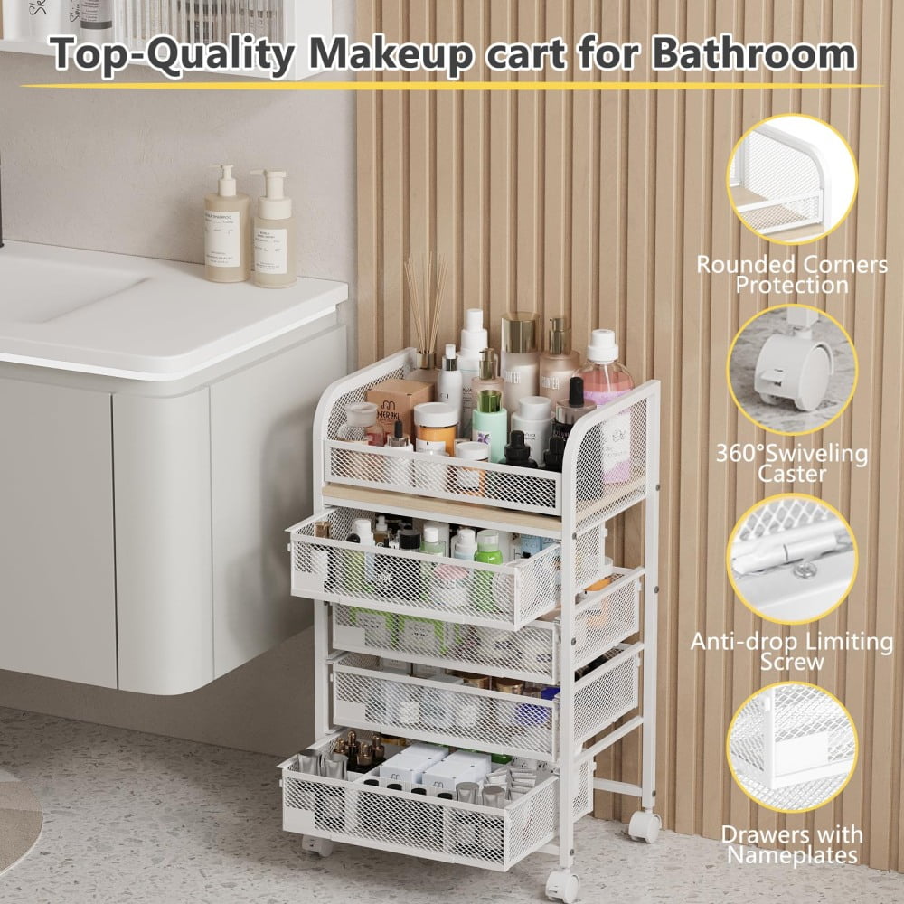 27.5" Rolling Makeup Cart Organizer with 4 Drawers, 5-Tier Floor Skincare Organizers with Divider, Vanity Storage Org... - Image 4
