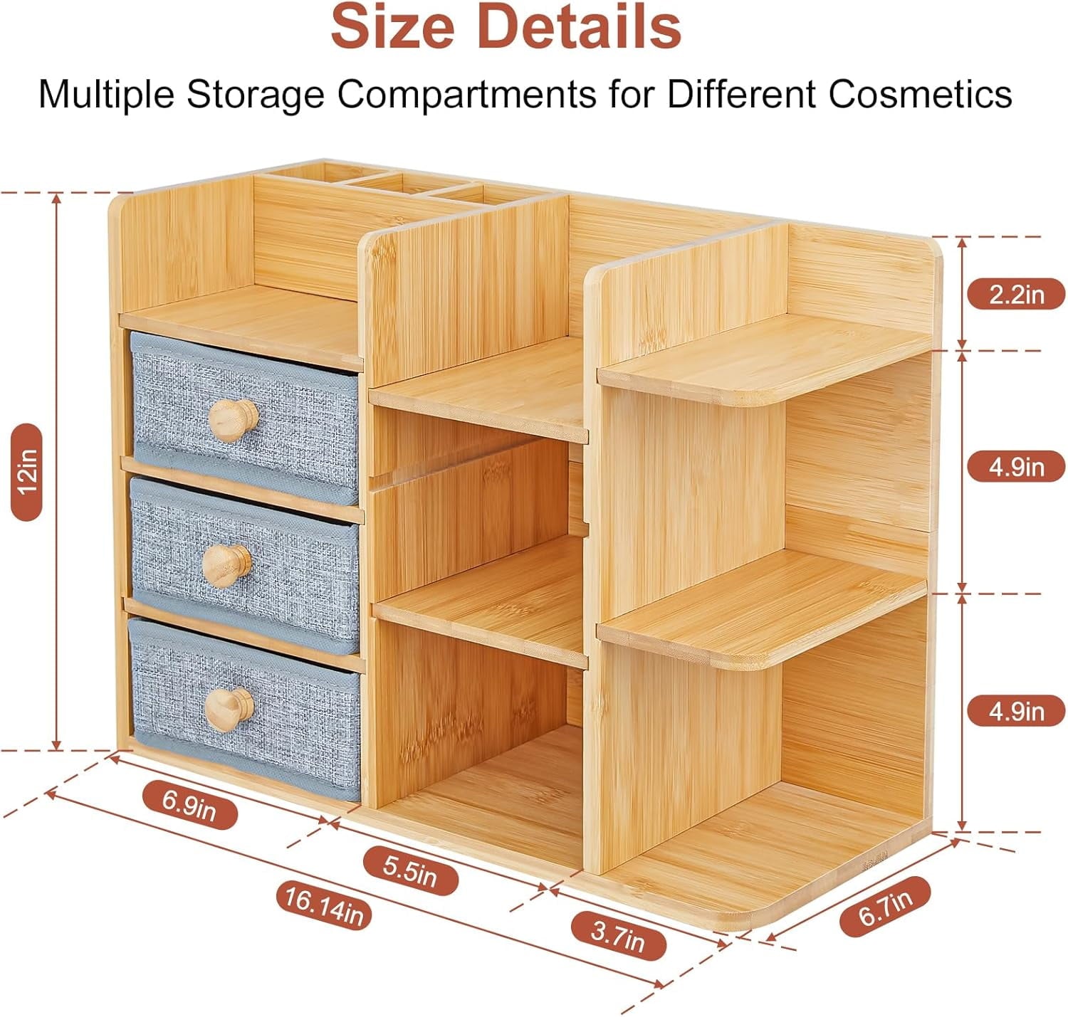 X- Large Bamboo Makeup Organizer for Vanity, 3-Tier Cosmetic Skincare Countertop Storage with 3 Drawers, 3 Brush Hold... - Image 2