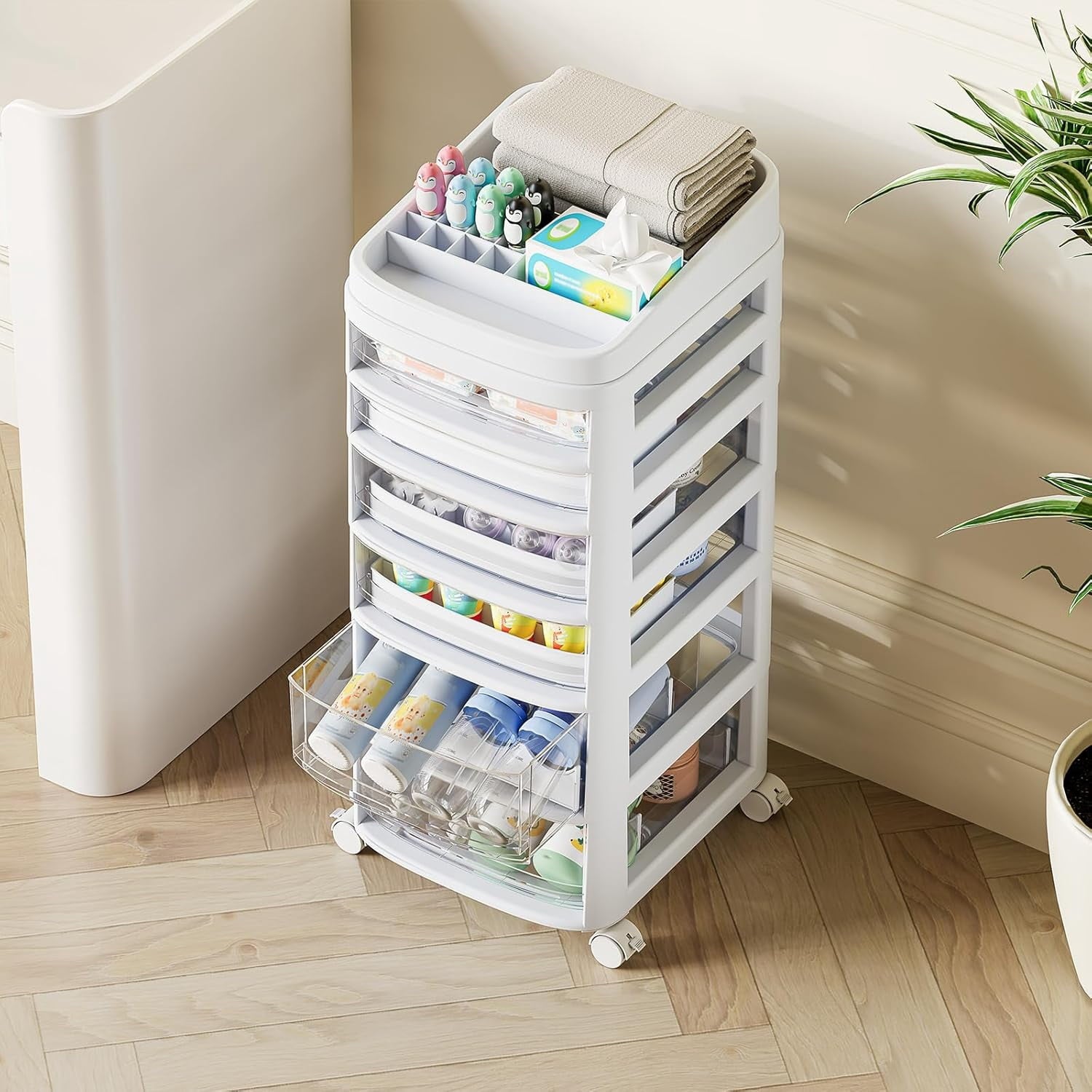 Rolling Cart with 6 Drawers, Clear Plastic Drawer Organizers, Dust Proof Under Desk Storage for Makeup, Skincare, Art... - Image 6