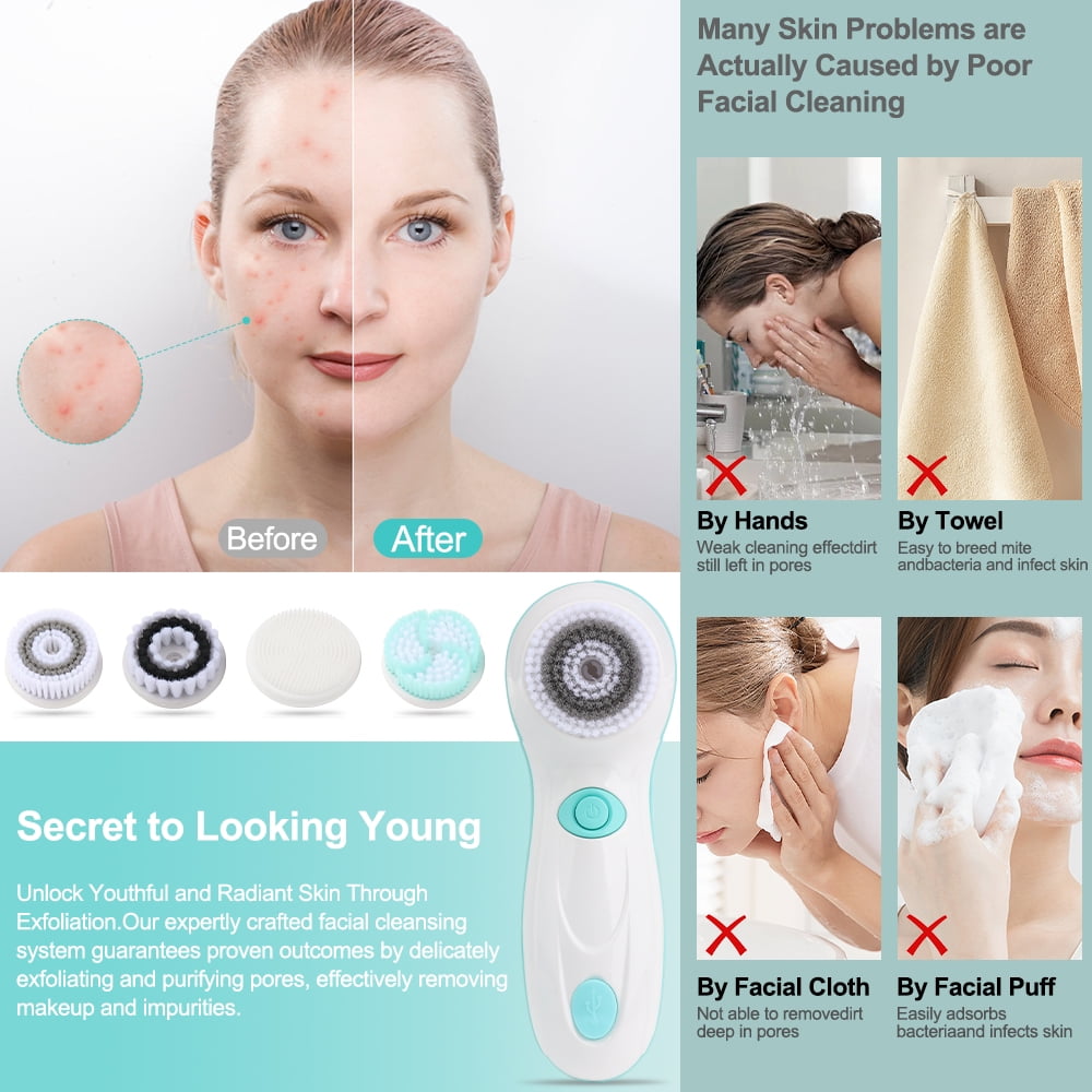 Facial Cleansing Brush Electric Face Brush Scrubber for Exfoliating with 4 Cleanser Heads, 2 Speeds - Image 2