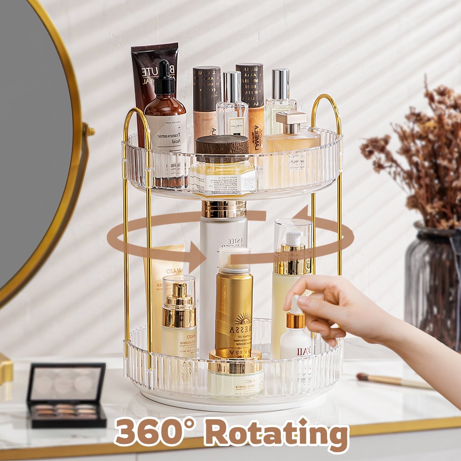 YTCYKJ 360° Rotating Makeup Organizer, 2 Tier Spinning Perfume Skincare Organizer Large Capacity Cosmetic Storage for Bathroom, Vanity, Coun - Image 2