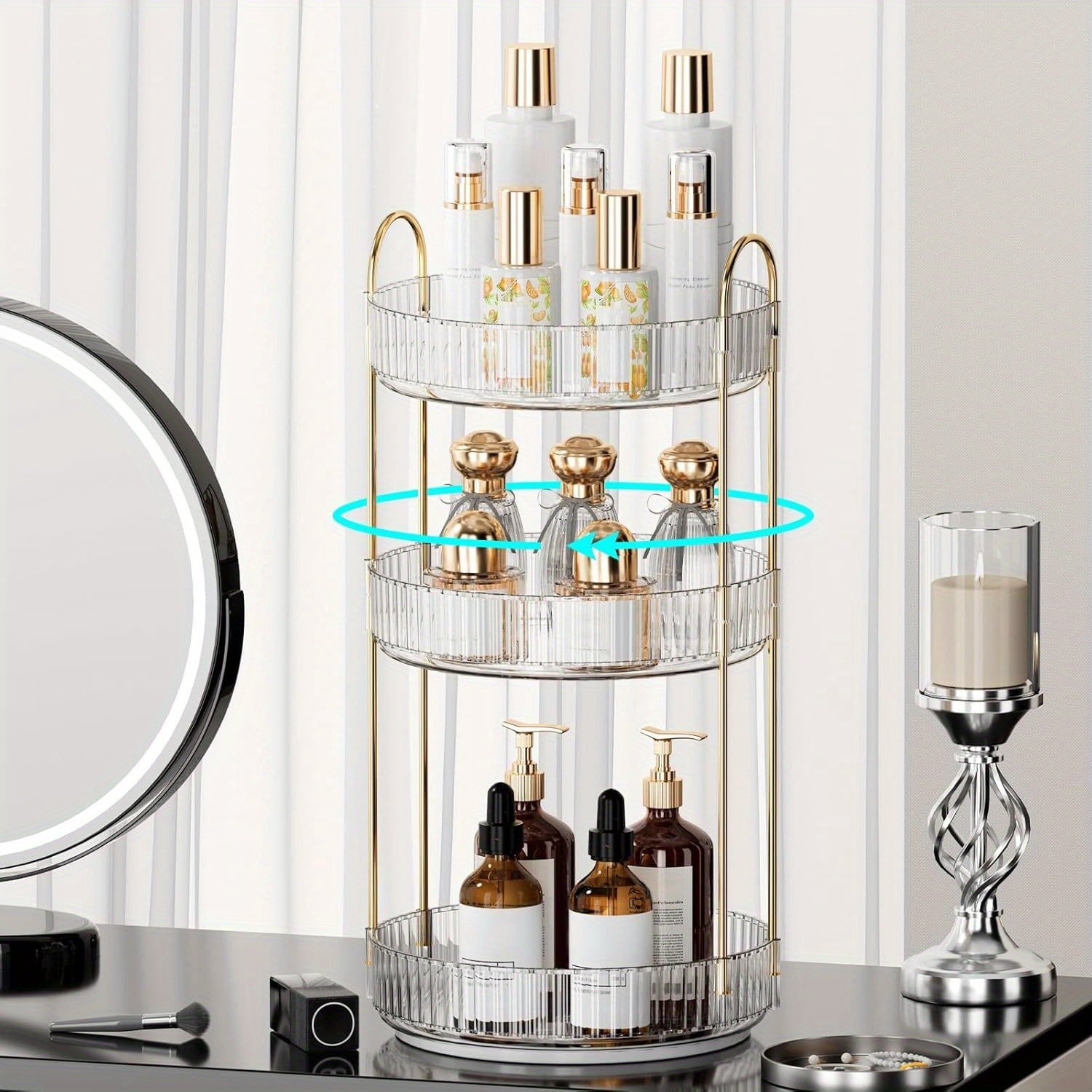 360-Degree Rotating Makeup Storage Unit, 3-Tier Bathroom Countertop Organizer, Spacious Cosmetic Skincare Stand & Rot... - Image 2
