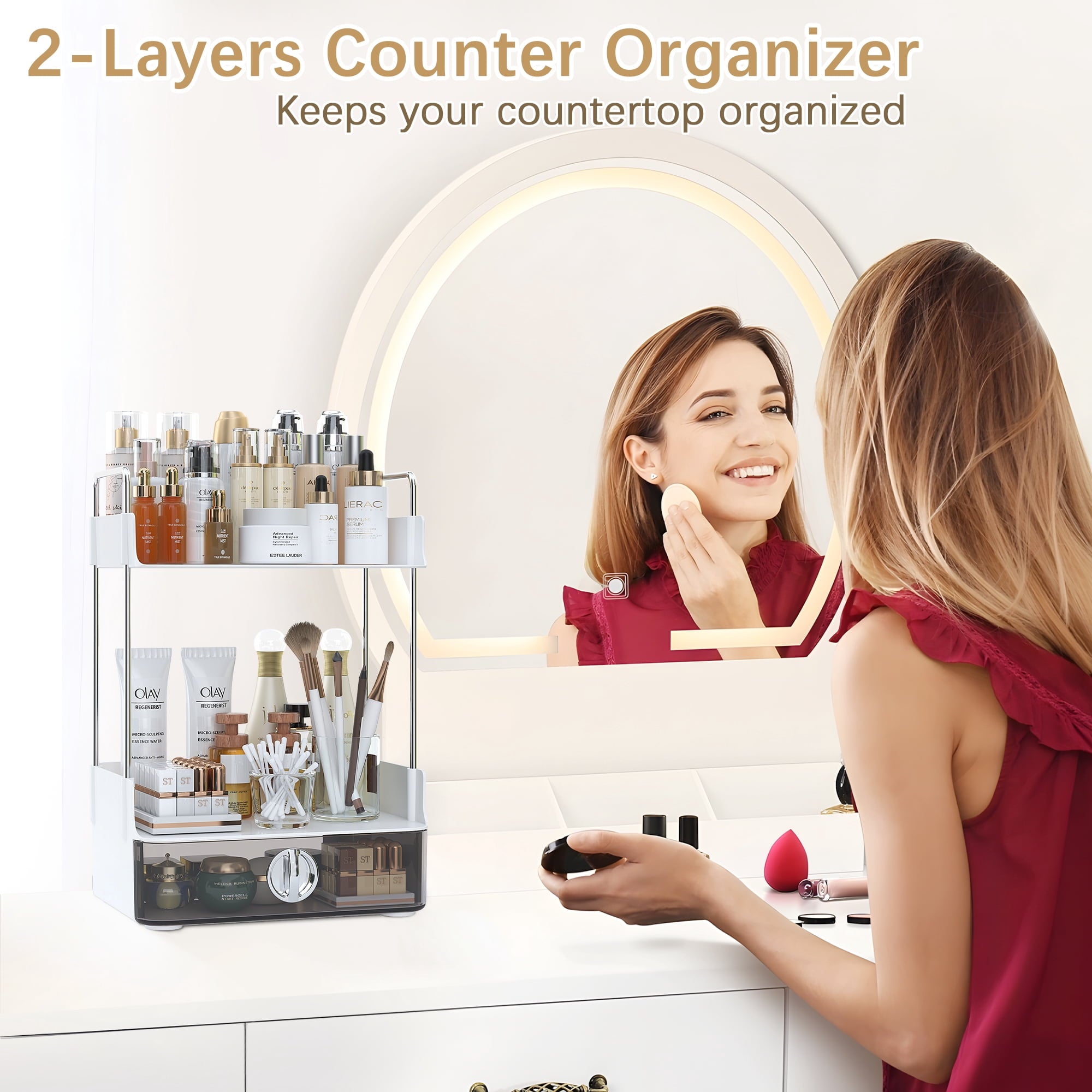 2 Tier Bathroom Counter Organizer, Multi-Purpose Makeup Organizer Countertop for Vanity Bedroom Bathroom Kitchen, White - Image 4