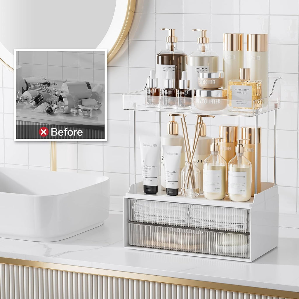 2-tier Vanity Organizer, Delamu Bathroom Countertop Organizer 2 Drawers, Multi-Purpose Makeup Organizer Countertop Cosmetics, Clear - Image 2