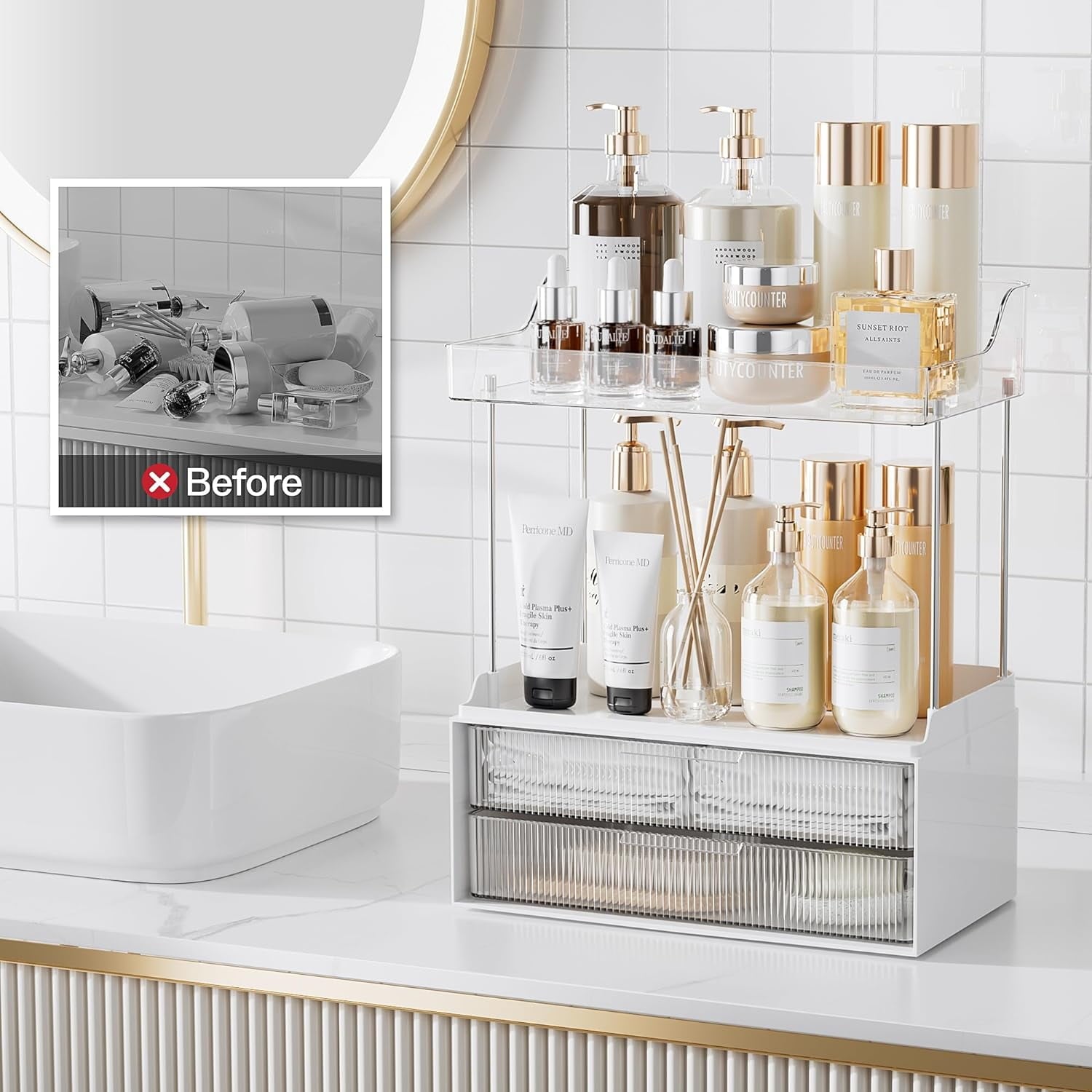 2-tier Vanity Organizer, Delamu Bathroom Countertop Organizer 2 Drawers, Multi-Purpose Makeup Organizer Countertop Cosmetics, Clear - Image 2