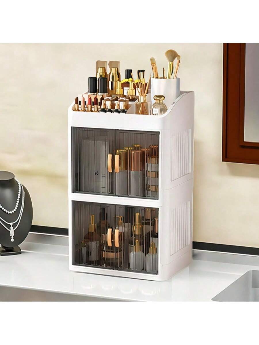 1pc Storage Box, Foldable & Sliding Door Design, Clear Cover Cosmetic Display Cabinet, Large Capacity Skincare & Cosm... - Image 4