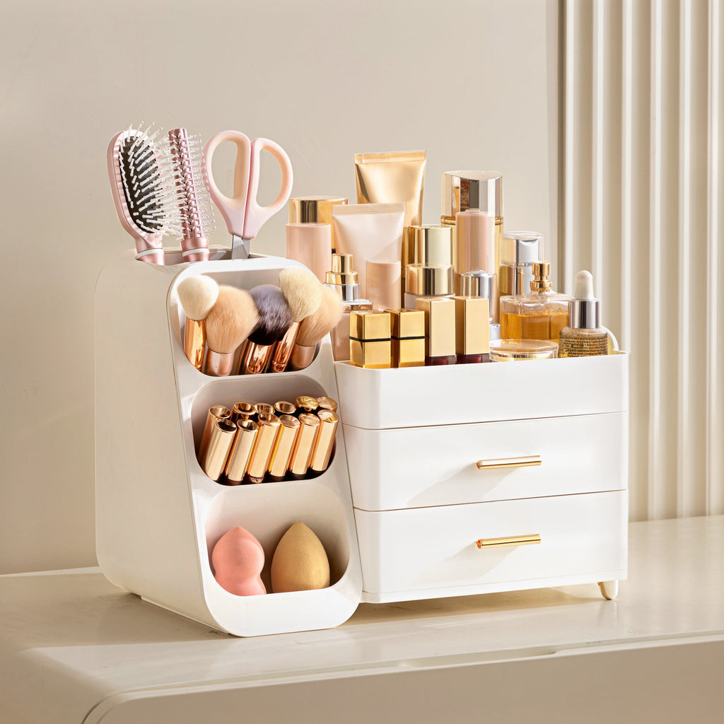 Makeup Organizer with Brush Holder for Vanity, Large Plastic Bathroom Countertop Organizer Skin Care Storage, All White - Image 4