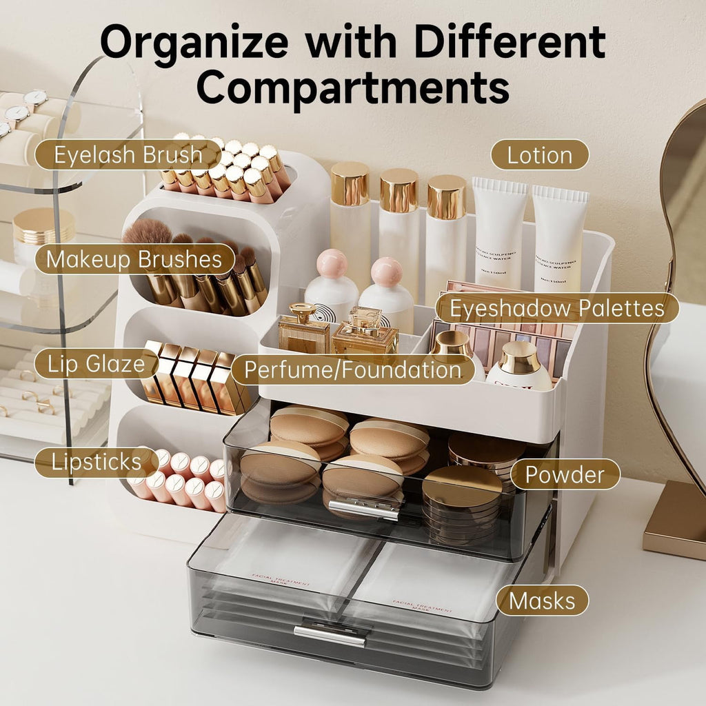 Makeup Organizer with Brush Holder, Countertop Organizer with 2 Drawers for Beauty Essential, Skincare, Lipstick - Image 4